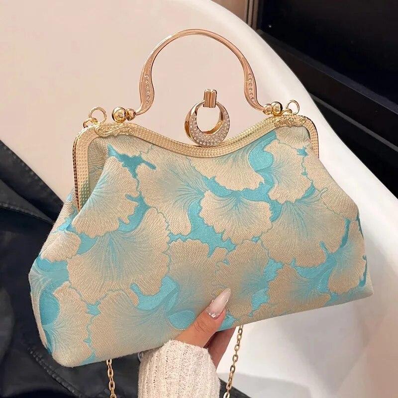 RUWB BAGS Bloemenprint Kleine Tote 2024 Designer Luxe Vrouwen Groene Handtassen Party Clutch Vrouwelijke Diner Keten Schoudertassen Messenger Bags lichtblauwe kleur