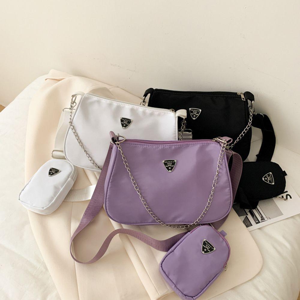 Haoming Girls Wide Shoulder Strap Solid color Chain Single Shoulder Bag Phone Pocket Handbag Crossbody Bag zwart