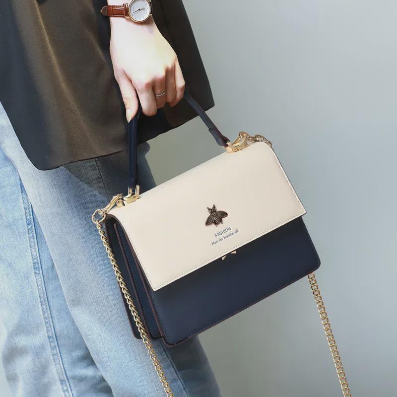 VantaGoods Dames 2025 Mode Echte Leren Crossbody Kettingtas - Little Bee Design, Veelzijdige Handtas met één Schouder, Kleine Vierkante Tas.