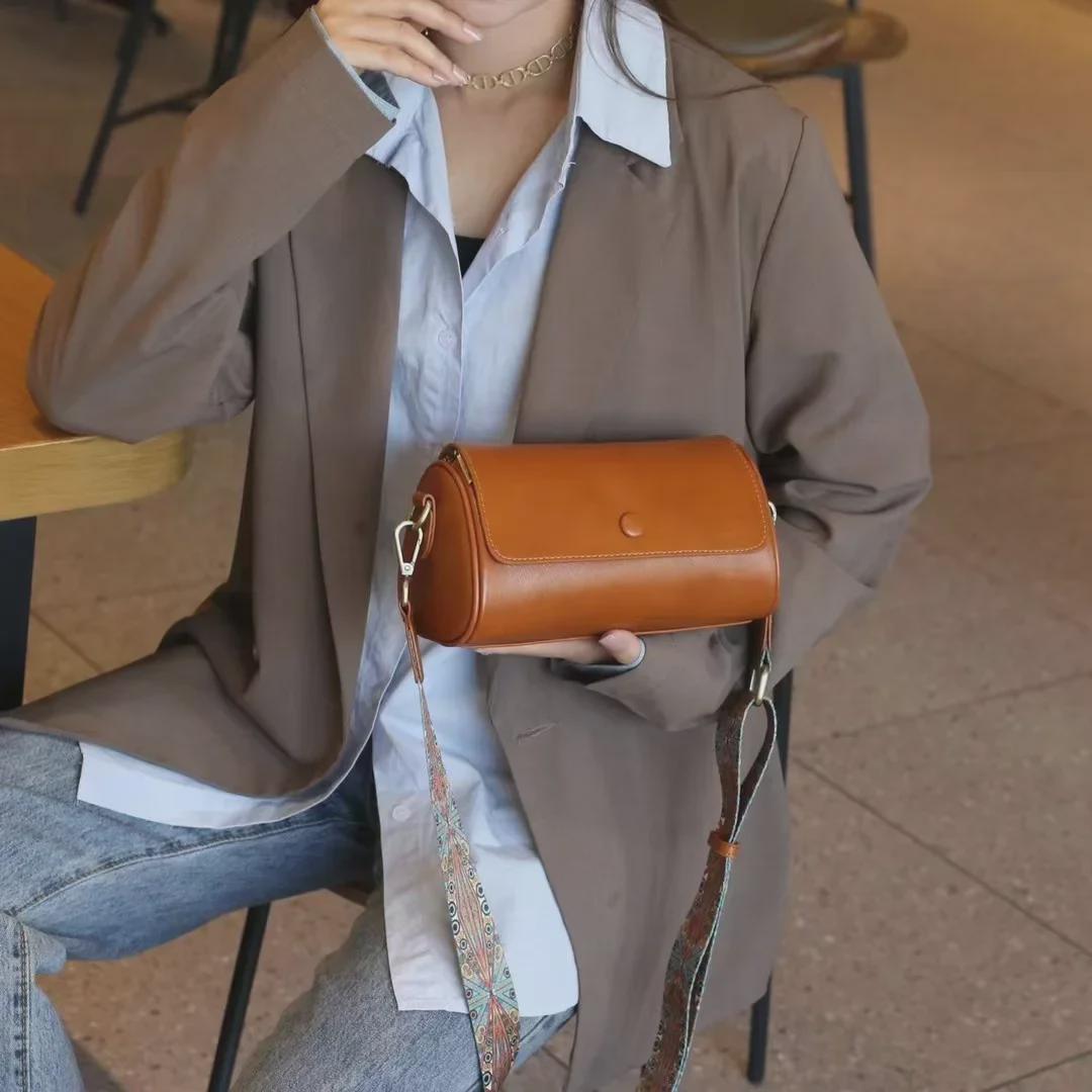 VantaGoods Koreaanse stijl plantaardig gelooid leren cilindrische crossbodytas voor jonge meisjes 22x12x10 cm zonsondergang/geel