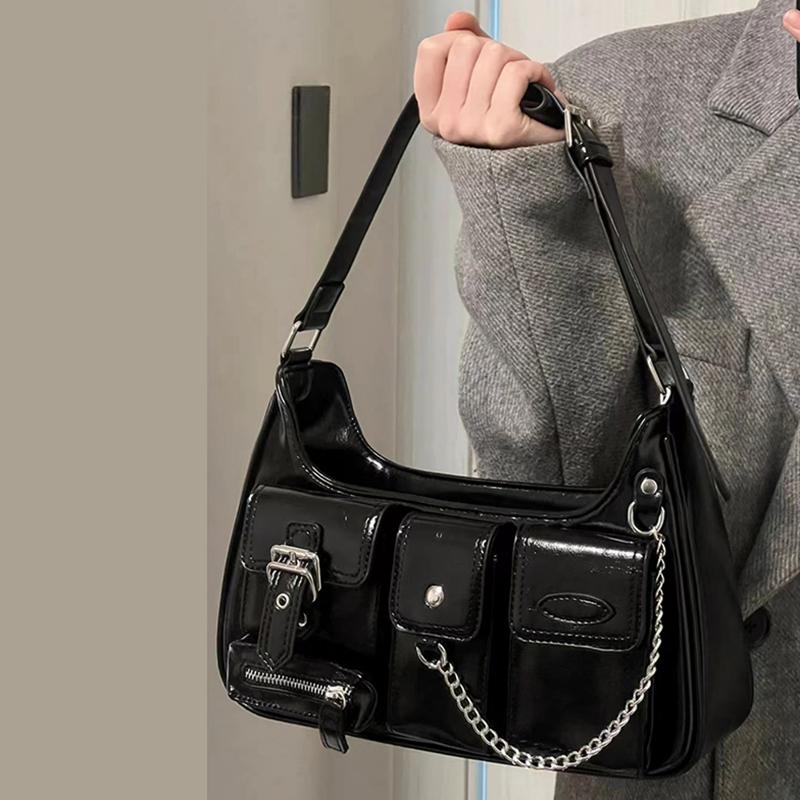 Yogodlns Fashion Y2K Cool Girl Style Vrouwen Schouder Hobo Tas Vintage PU Leren Ketting Decor Zwarte Oksel Crossbody Tas 30x8x20cm zwart