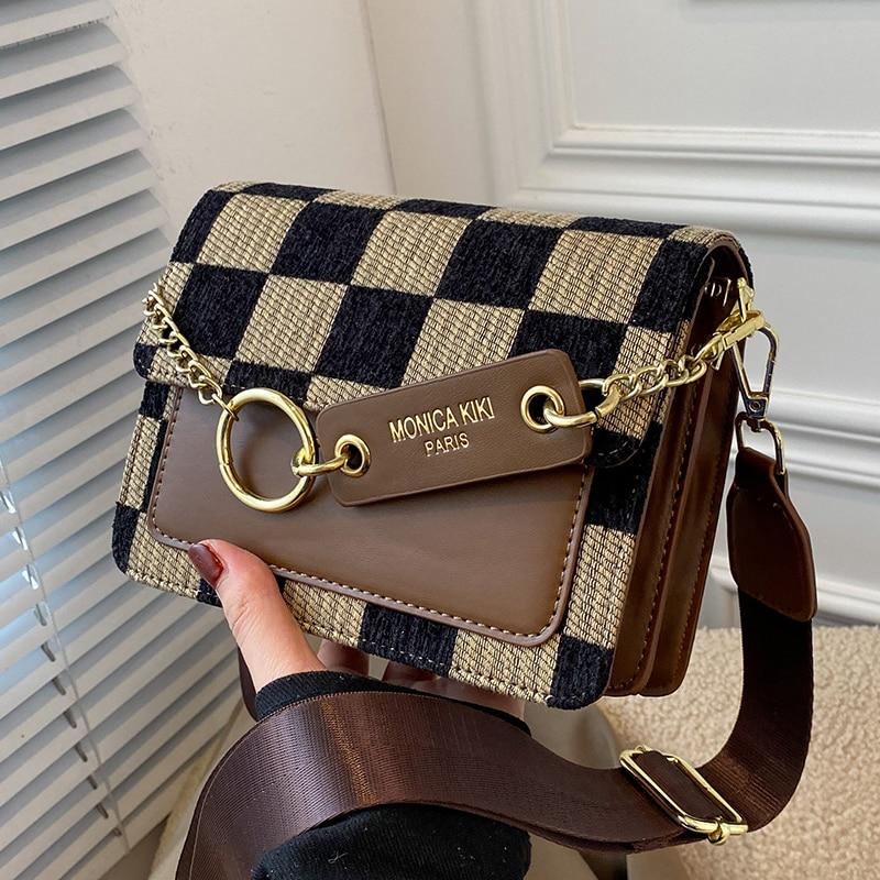 Hello Studio Checkerboard Mini Stoffen Flap Crossbody Sling Tassen voor Vrouwen Luxe Merk Design Handtas Eenvoudige Schoudertas Handtassen bruin