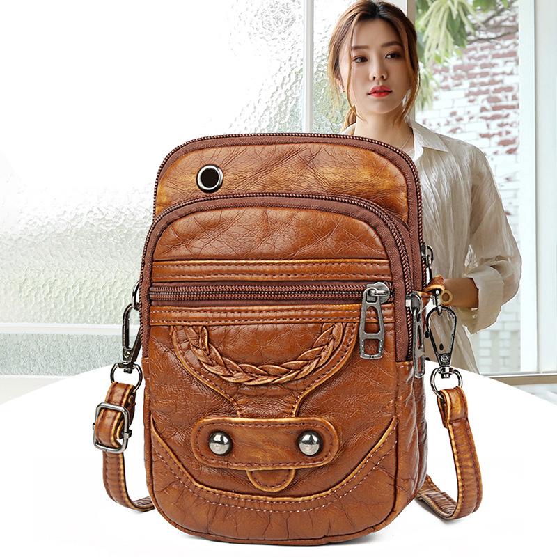YOUHUAGUO Vintage zachte leren crossbodytassen Rivet PU vrouwen Messenger schoudertas kleine vrouwelijke handtassen telefoon portemonnees zwart en bruin 13*6*19cm bruin