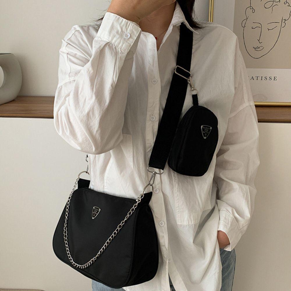 Yunzhangnet Chain Solid color Wide Shoulder Strap Nylon Phone Pocket Crossbody Bag Handbag Single Shoulder Bag zwart