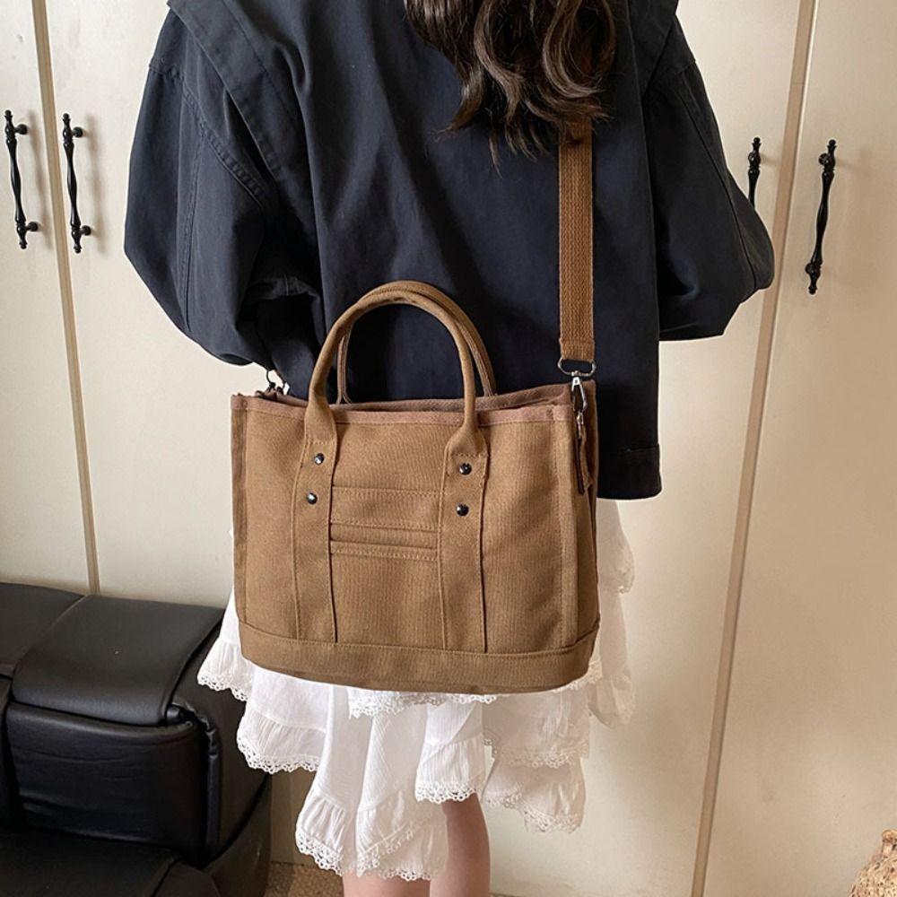 Xiangdashiye Multi-pocket Canvas Shoulder Bag Zipper Solid color Tote Bag Japanese Style Crossbody Bag  Students wit