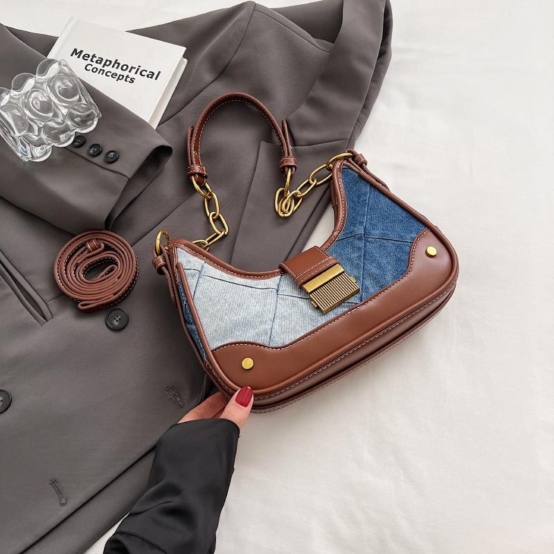 RUWB BAGS Denim + PU lederen kleine crossbodytassen voor dames 2024 Koreaanse mode onderarmtas vrouwelijke schoudertas handtassen 25cmx20cmx7cm blauw