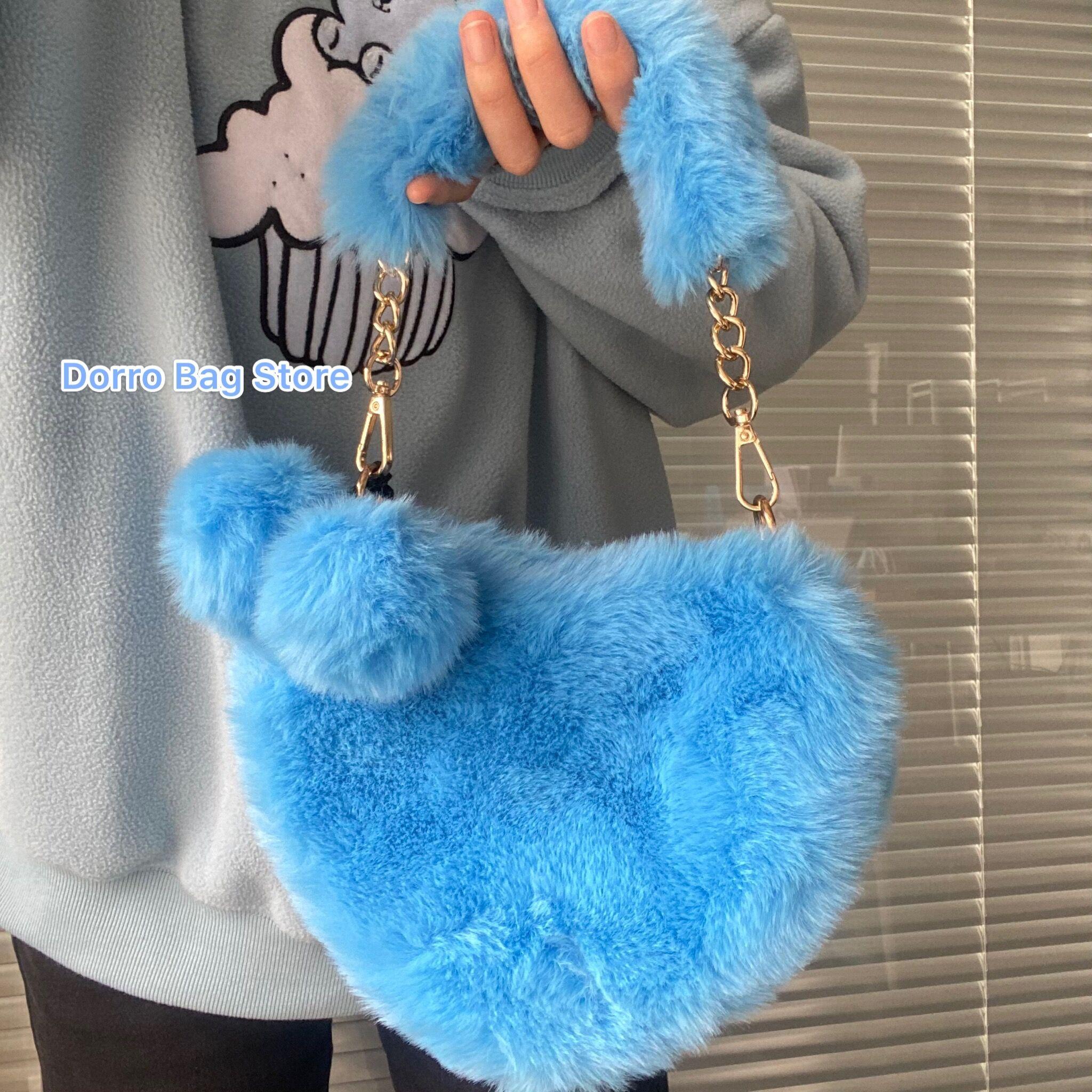 Enjoytime H Nepbont Winter Dames Handtassen Leuke Pluche Dames Hartvormige Schoudertas Leuke Vrouwelijke Clutch Portemonnee Liefde Handtassen Messenger 23x20cm blauw
