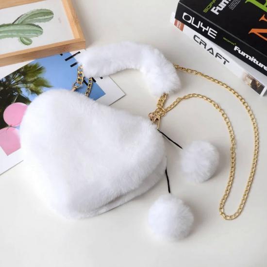 Enjoytime H Nepbont Winter Dames Handtassen Leuke Pluche Dames Hartvormige Schoudertas Leuke Vrouwelijke Clutch Portemonnee Liefde Handtassen Messenger 23x20cm wit