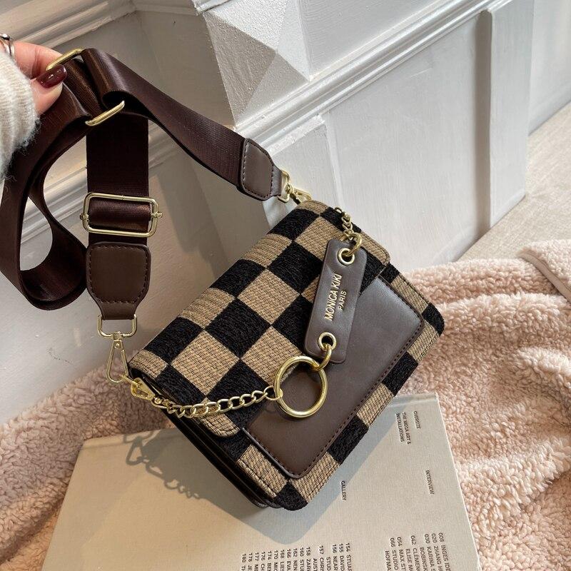 Kayusha Dambord Mini Stof Flap Crossbody Sling Bags voor Dames Luxe Merkontwerp Handtas Eenvoudige Schoudertas Handtassen koffie