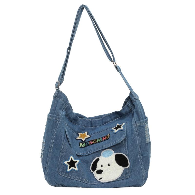 Kuluosidi Geborduurde hond Messenger Bag Denim Tote Bag Dames Schouder Crossbody Tas lichtblauwe kleur