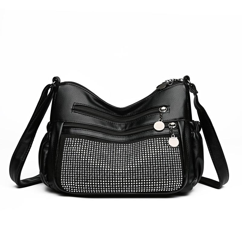 Kuluosidi Zachte leren moedertas, schoudertas voor dames, crossbodytas met meerdere lagen en diamanten mobiele telefoontas 9611-2