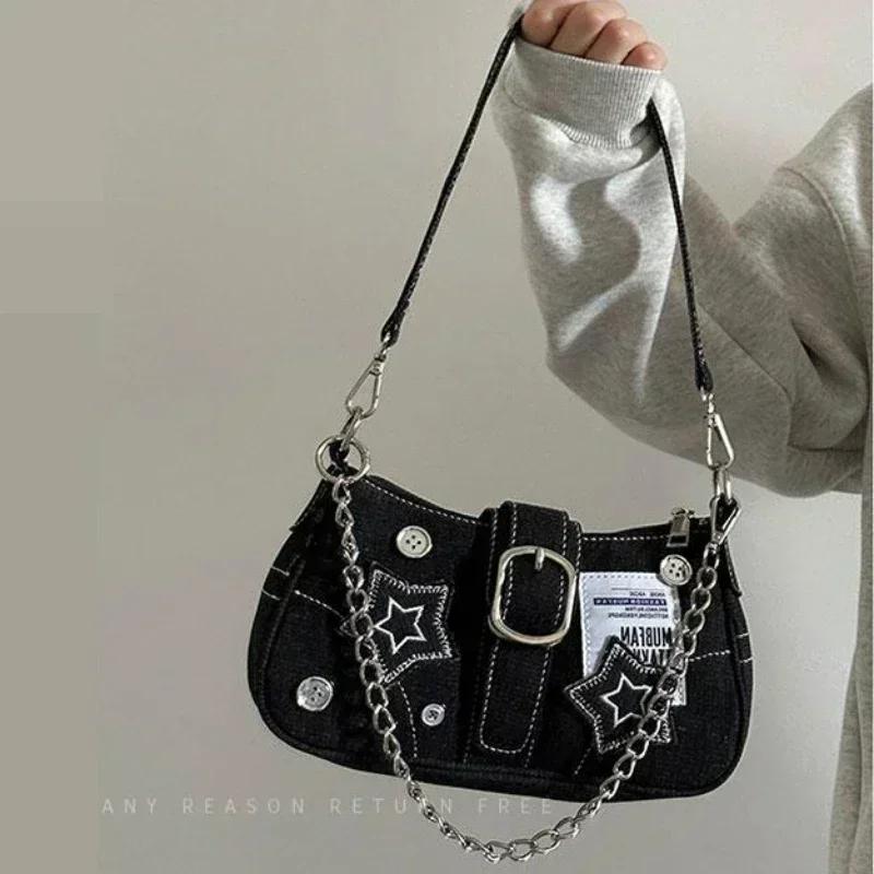 Exotic Y2k Mode Dames Handtassen Sterren Patroon Cool Meisjes Onderarmtas Mode Canvas Vrouwelijke Kleine Schoudertassen Keten Tote Portemonnees