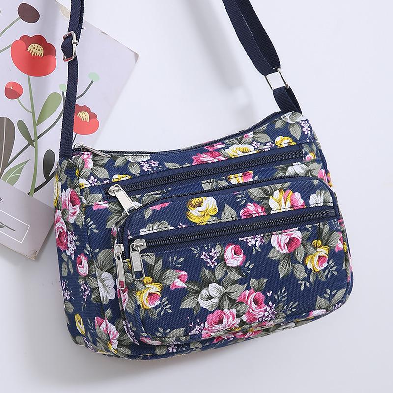 Colorful Bag Bloemenprint Dames Schoudertassen Oxford Diagonaal Kleine Vierkante Handtas Multifunctionele Casual Reis Crossbody Tas 25x8x17cm donkerblauwe kleur