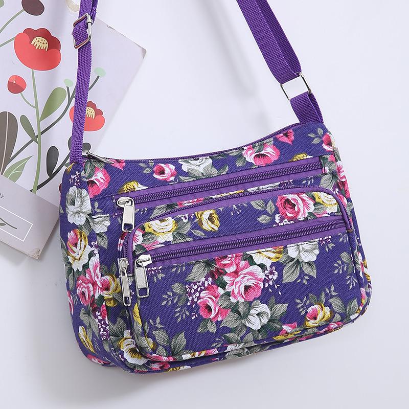 Colorful Bag Bloemenprint Dames Schoudertassen Oxford Diagonaal Kleine Vierkante Handtas Multifunctionele Casual Reis Crossbody Tas 25x8x17cm paars