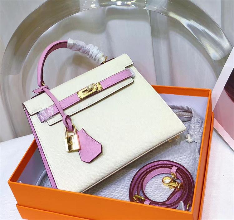Purple Rose Nieuwe Palm Patroon Hoofdlaag Leer EP Leer Contrasterende Kleur Geblokte Handheld Enkele Schouder Crossbody Tas Dames Tas 22x10x16cm wit