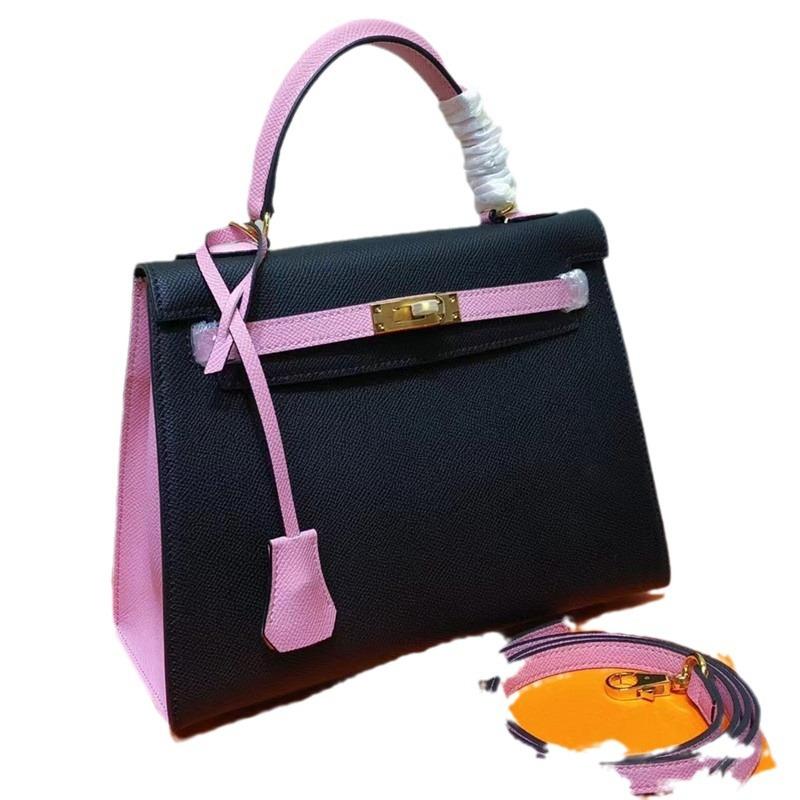 Purple Rose Nieuwe Palm Patroon Hoofdlaag Leer EP Leer Contrasterende Kleur Geblokte Handheld Enkele Schouder Crossbody Tas Dames Tas 25x10x18cm zwart