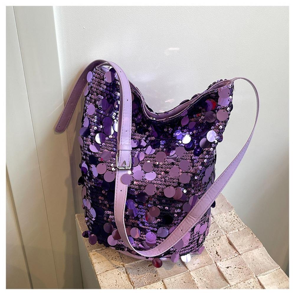 Haohangle25 Sequin Chain Bucket Bag Large capacity Messenger Bags Creative Shoulder Crossbody Bag paars