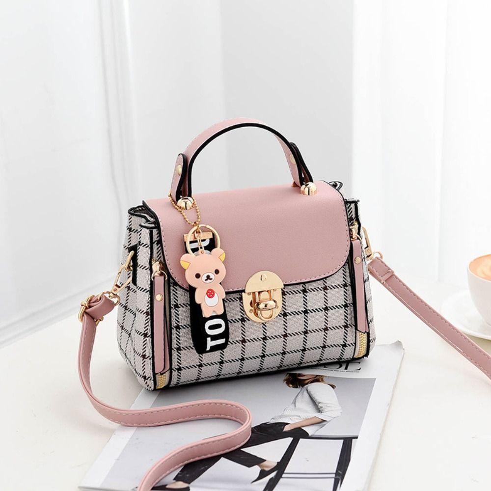 SHjiuyun PU leren crossbody tas met geruit patroon, messenger bag, modieuze handtassen voor dames S roze