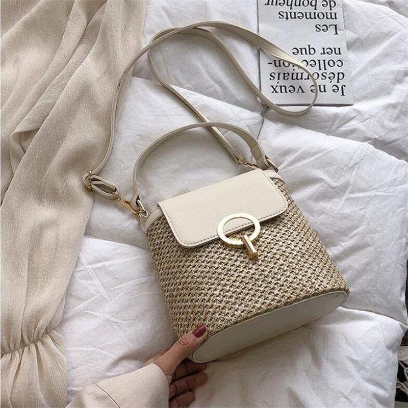 NK39UR Casual kettingen stro emmer tassen vrouwen zomer messenger bag rotan tassen strand dame reizen portemonnees en handtassen schoudertas 20x12x21cm wit