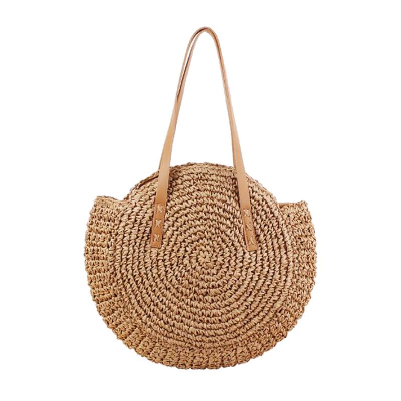 NK39UR Zomer Buiten Ronde Stro Gevlochten Geweven Strand Reis Sling Bag 44cm*42cm kaki