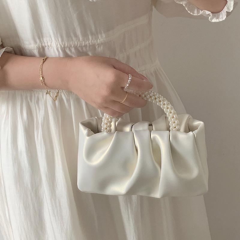 Fancy Lady Sweet Girly Pearl Bag Handtas Damesmode Veelzijdige geplooide Crossbody Cloud Bag Mini mobiele telefoon tas one size wit