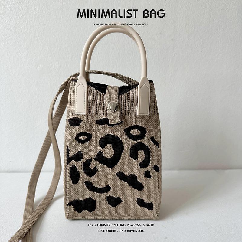 VIA ROMA Zwart-wit luipaard punt gebreide mini-telefoontas Crossbody tas dameszak portemonnee kleine vierkante tas One Size kaki