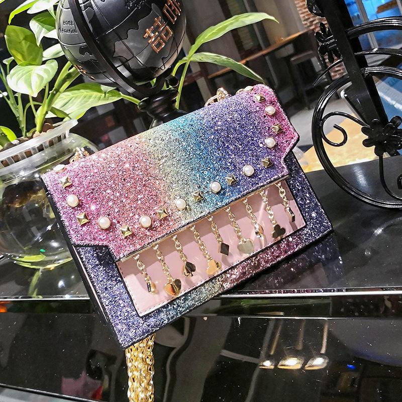 Sparkling Stars Modieuze kleine vierkante tas met paillettenketting en kwastje in gradiëntkleur veelkleurig