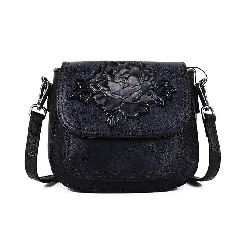 RUWB BAGS Hoge kwaliteit vrouw vintage sling messenger schoudertassen vrouwelijke vrijetijdsbesteding kleine reliëf dames lederen bloementas zwart
