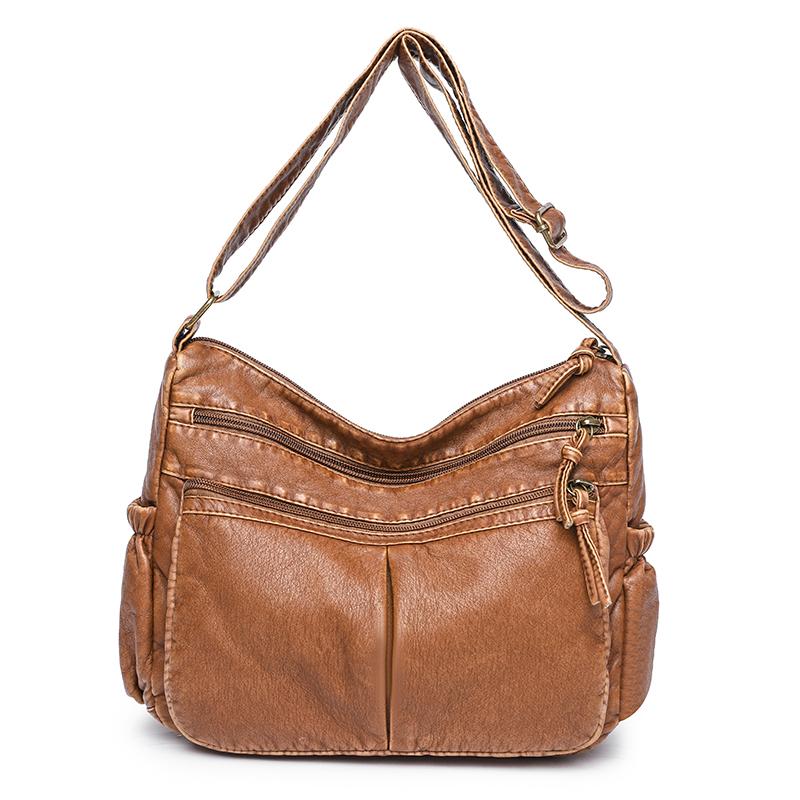 Kuluosidi Crossbodytas in retrostijl, schoudertas met meerdere zakken, gewassen leren tas voor dames bruin