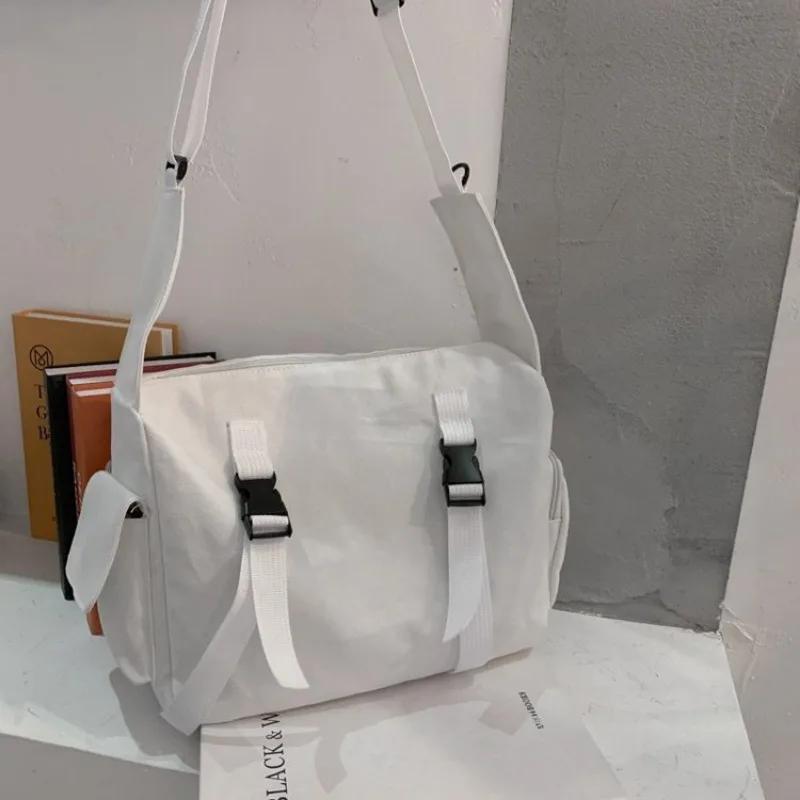 Framont Fashion House Japanse Harajuku Vrouwen Messenger Bag Effen Kleur Canvas Crossbody Tassen Studenten Grote Capaciteit Handtassen Schoudertas Bolsos Sac wit