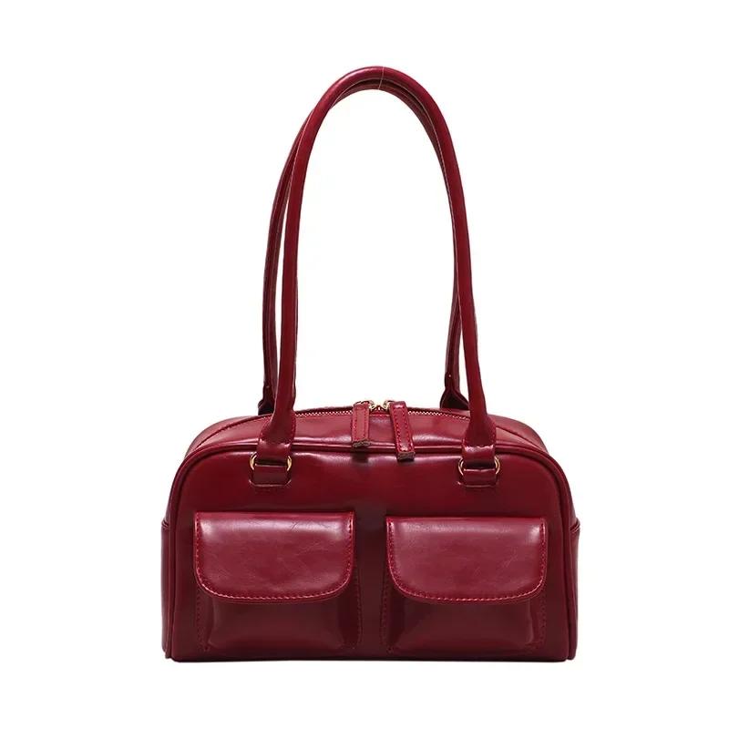 Framont Fashion House Retro Rode Dames Satchel Hobo Tas Patent Leer Multi Pocket Luxe Designer Handtas Vrouwelijke Schouder Oksel Tas Tote Handtassen rood