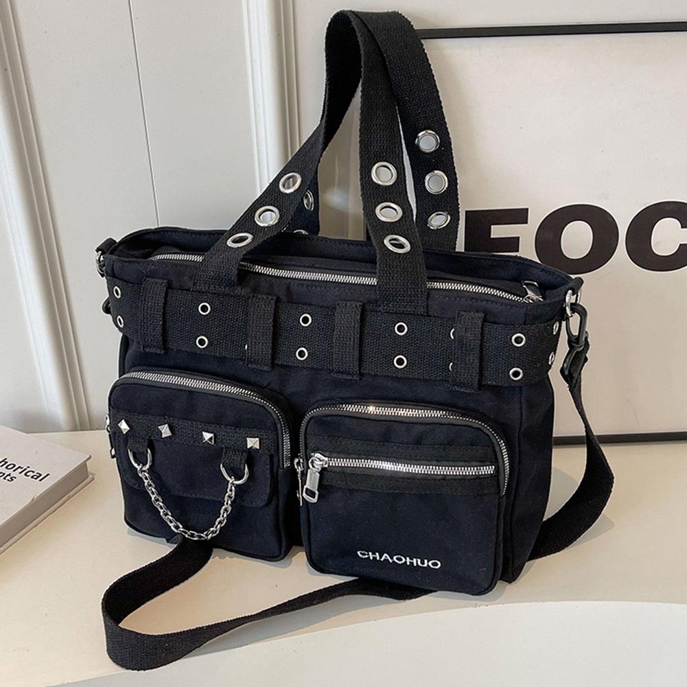 Framont Fashion House Vrouwen Rockabilly Schoudertas met Ketting Canvas Punk Rock Handtas Ritssluiting Punk Stijl Sling Bag Rock Meisjes Dagelijkse Tas zwart
