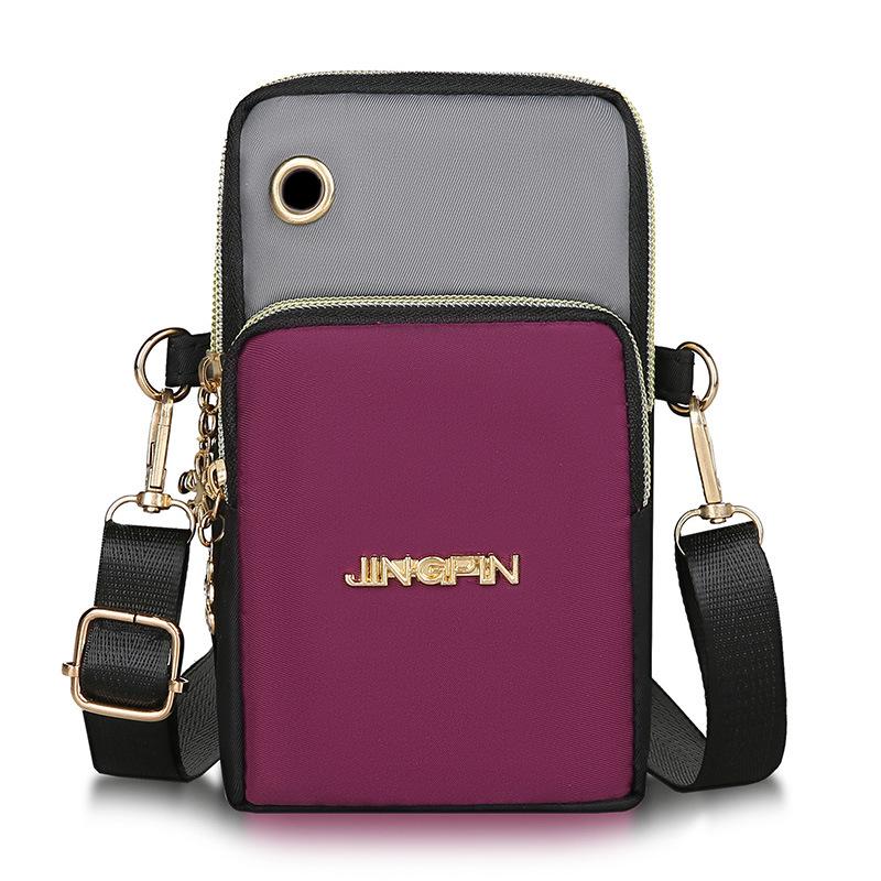 NK39UR Contrasterende kleur Nylon Telefoon Schoudertas Kleine Crossbody Tas Verticale Rits Messenger Portemonnee Winkelen Munt Kaart Portemonnee 10x8x18cm grijze kleur/paars