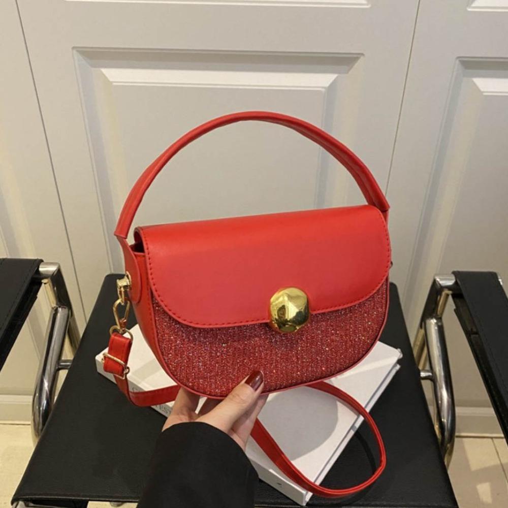 Shunhong Half circle Sequin  Crossbody Bag Luxury Women Shoulder Bag Fashion Saddle Bag  Dinner Party rood