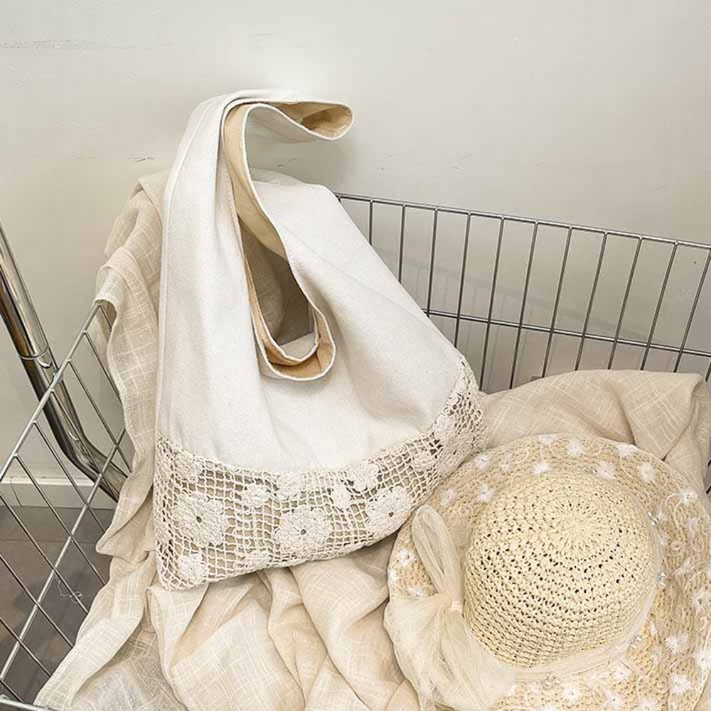 Shunhong with Lace Ribbon Solid Color Woven Bag Hollow Out Hollow Shoulder Bag Flower Beach Bag  Travel Bag