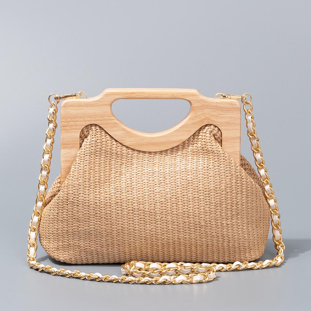 VantaGoods ENSPT Houten Handvat Geweven Stro Strand Schoudertas voor Vrouwen 26x8x20 cm