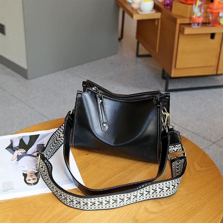 VIA ROMA Damestas van echt leer, modieuze koeienhuid, casual, zachte leren crossbodytas zwart