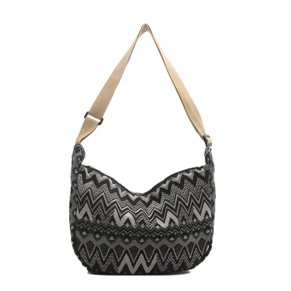 Shihehong Canvas Crossbodytassen in etnische stijl, geborduurde Boheemse tas, vintage golfvormige schoudertas, dagelijks gebruik zwart