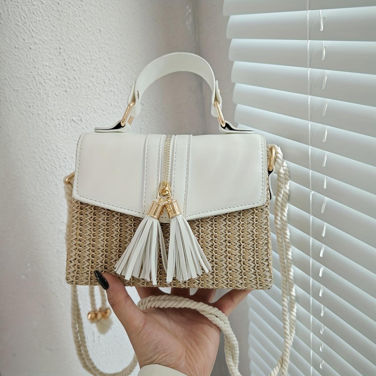 Your favorite bag Chique Boho Geweven Schoudertas | PU Leer En Stro Crossbody Portemonnee Met Kwastjes Accenten | Trendy Zomer Strandtas | Veelzijdige Kleine Geldzak wit