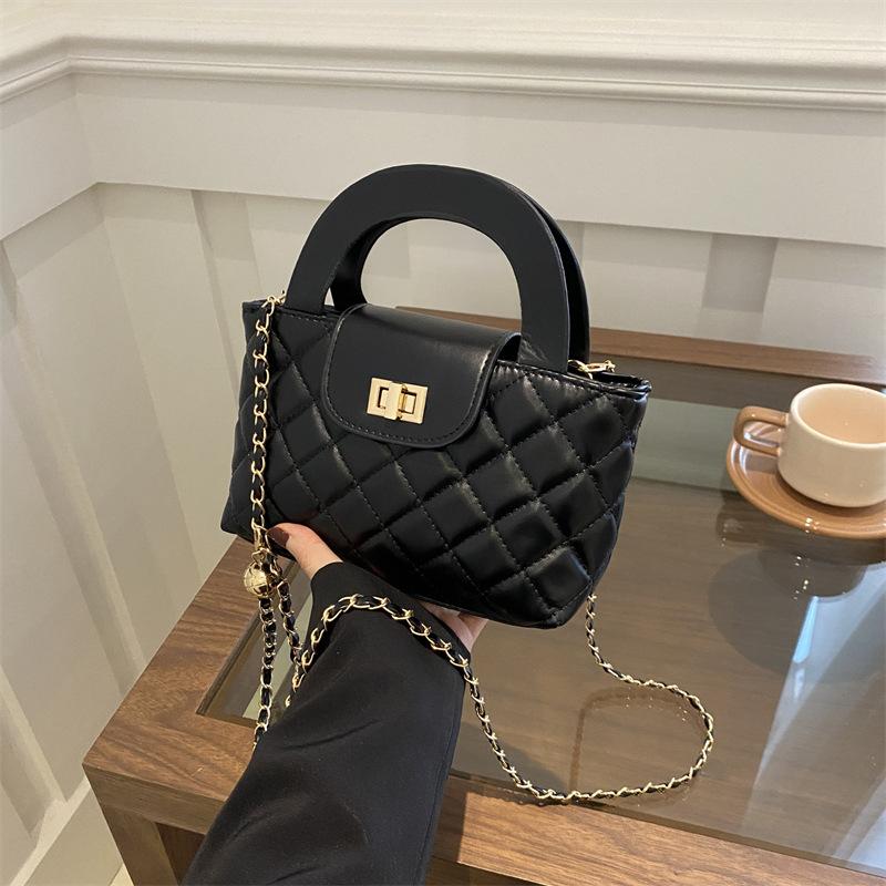 Framont Fashion House Damestas diamantketting commuter kleine vierkante tas dames 2024 nieuwe trendy mode retro textuur schoudertas messenger bag zwart