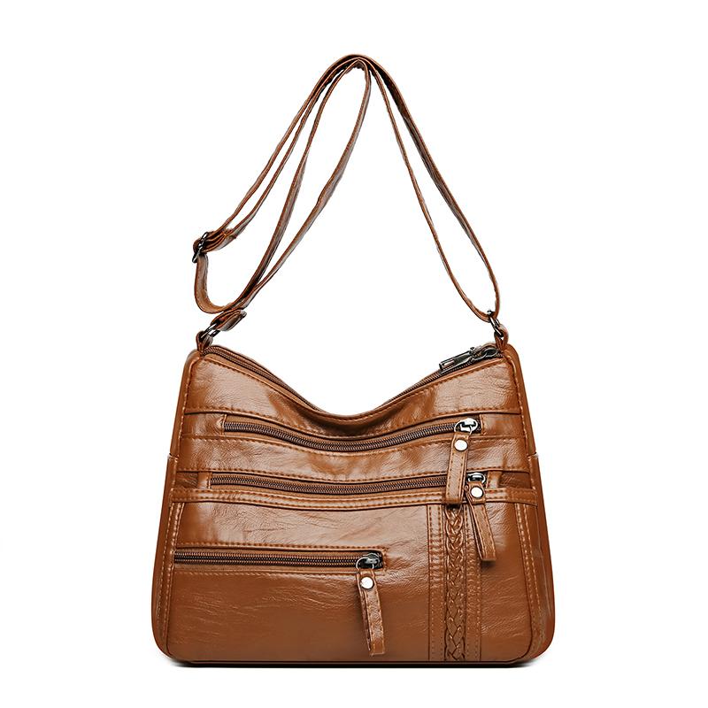 Kuluosidi Moedertas Grote Capaciteit Schouder Crossbody Tas Dames Multi-Layer Zachte Leren Tas bruin