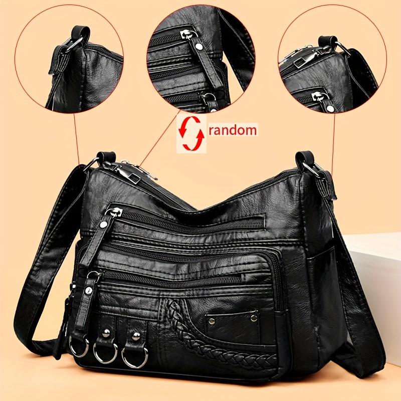 RUWB BAGS Grote capaciteit zachte leren schoudertas voor dames Casual crossbody-portemonnee met willekeurige bloemenversieringen Meerdere zakken Gevlochten accenten zwart