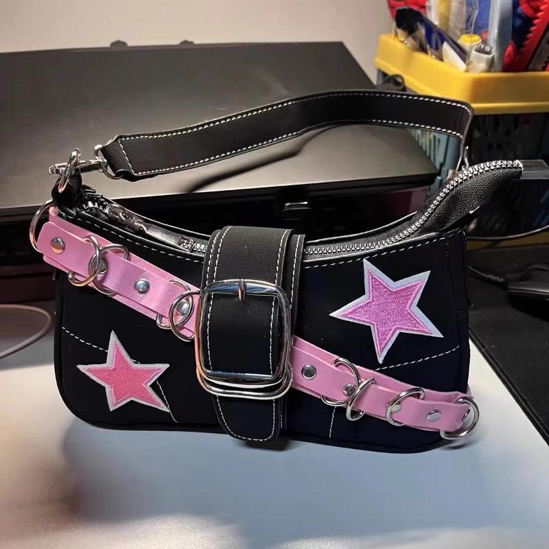 Framont Fashion House Sterpatroon Y2K Hot Girl Chain Schoudertassen voor Vrouwen Zwart Roze Handtas Luxe Designer Grunge Tas Gothic Motor Stijl Sling