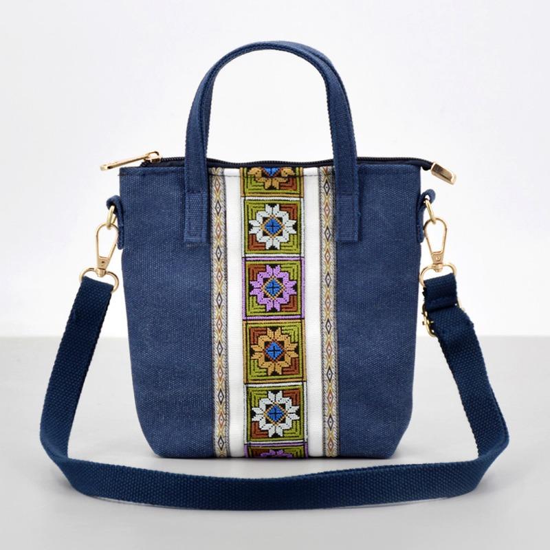 VIA ROMA Etnische stijl Eenvoudige borduurwerk Crossbody tas Vrouwen Alle kleine canvas tas Zet mobiele telefoon Kleine handtas