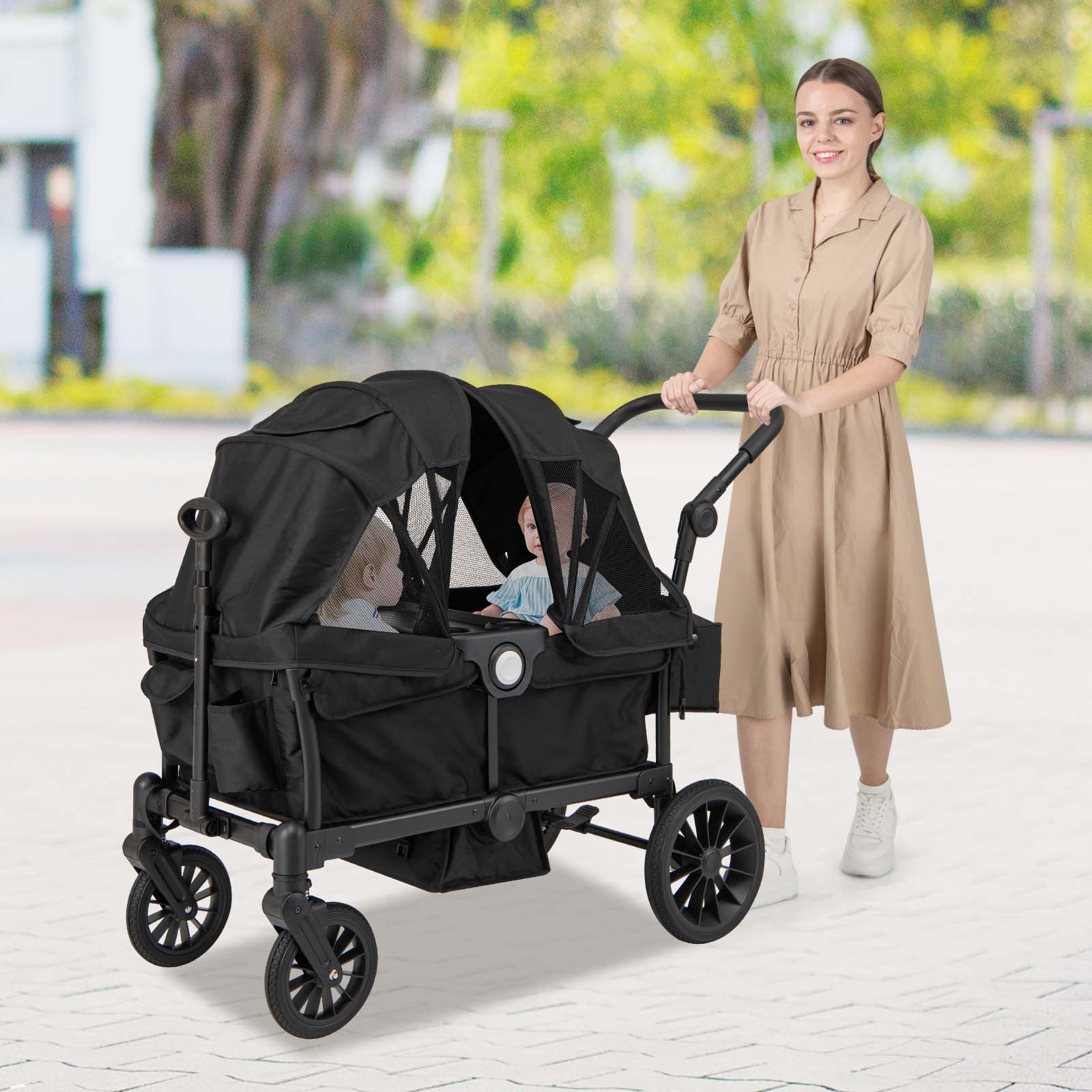 Costway 2-in-1 Opvouwbare Geschwisterwagen met Verstelbare Handgreep & Afneembare Kap Zwart