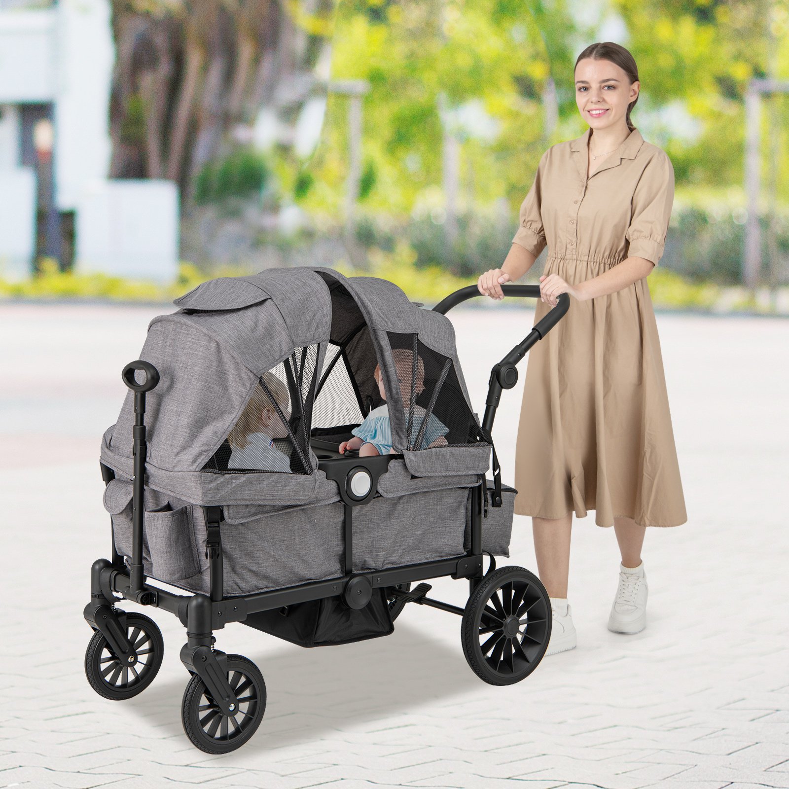 Costway 2 in 1 Opvouwbare Geschwisterwagen met Verstelbare Handgreep & Afneembare Kap Grijs