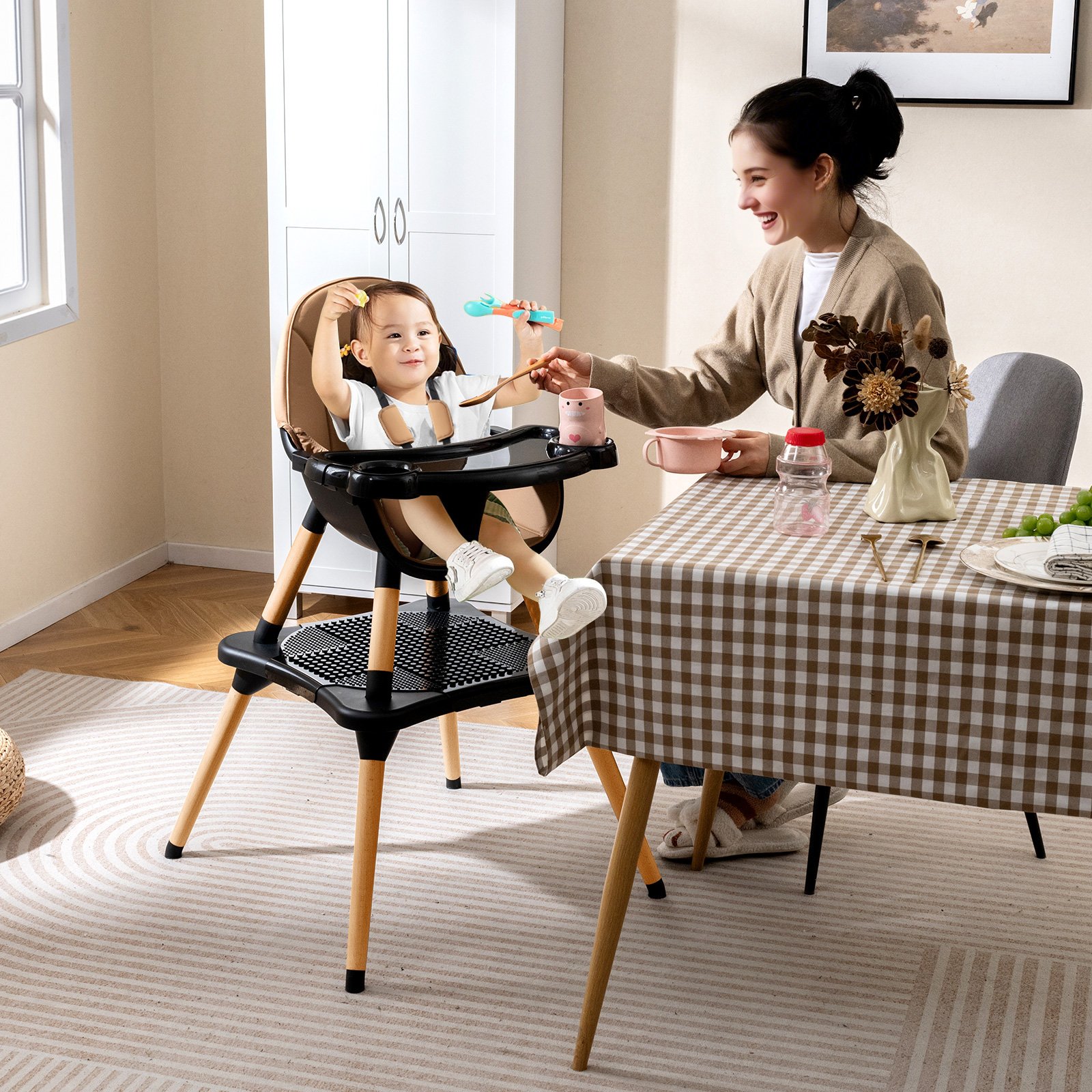 Costway 6 in 1 Baby Hoogstoel met Bouwsteentafel & Afneembaar Dubbelblad Kinderhoogstoel Bruin