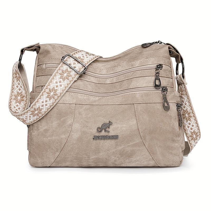 Ladys Bags Schoudertas in vintage stijl voor dames, kunstleer, effen kleur, handtas met ritssluiting voor casual gelegenheden, polyester voering, schoudertas met randverf kaki