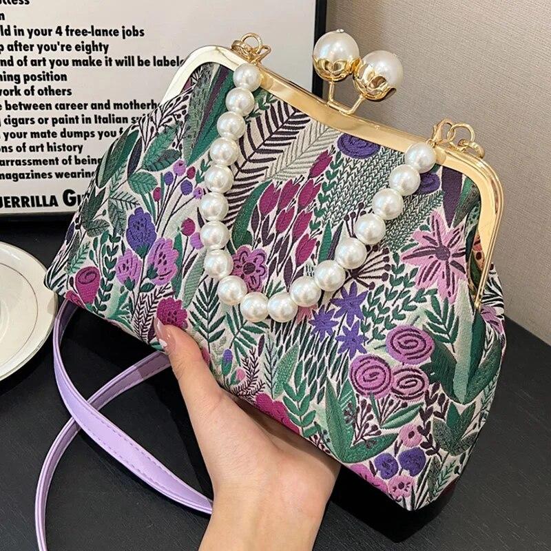 RUWB BAGS Elegante Dames Groen Roze Schoudertassen Canvas Shell Clips Mode Dame Parels Handtas Dagelijks Retro All-match Chain Crossbody Bags paars