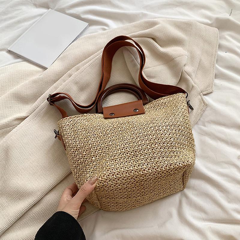 Colorful Bag Summer Women Shoulder Bag Wooden Handle Handbag Woven Straw Bag Bohemian Casual Lady Beach Fashion Crossbody Bags 32x11x20cm